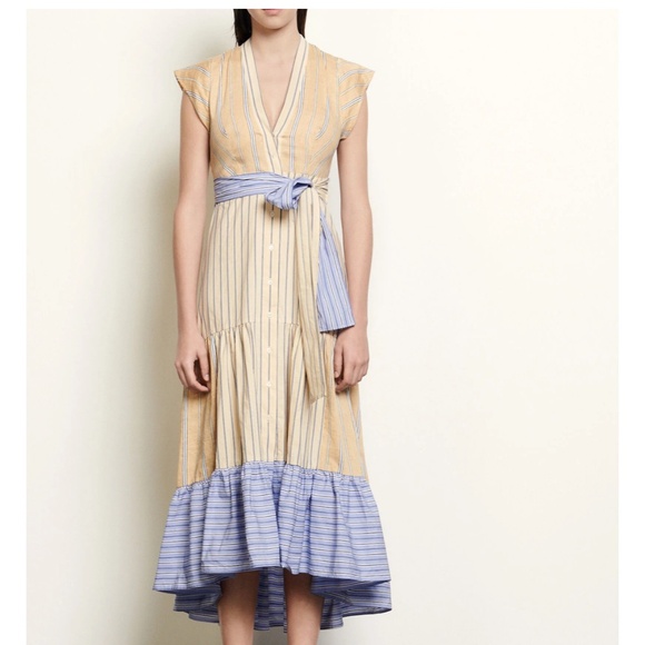 Sandro Yellow and Blue High Low Dress with Tie-Waist, Size 2 (Medium) - Picture 1 of 15